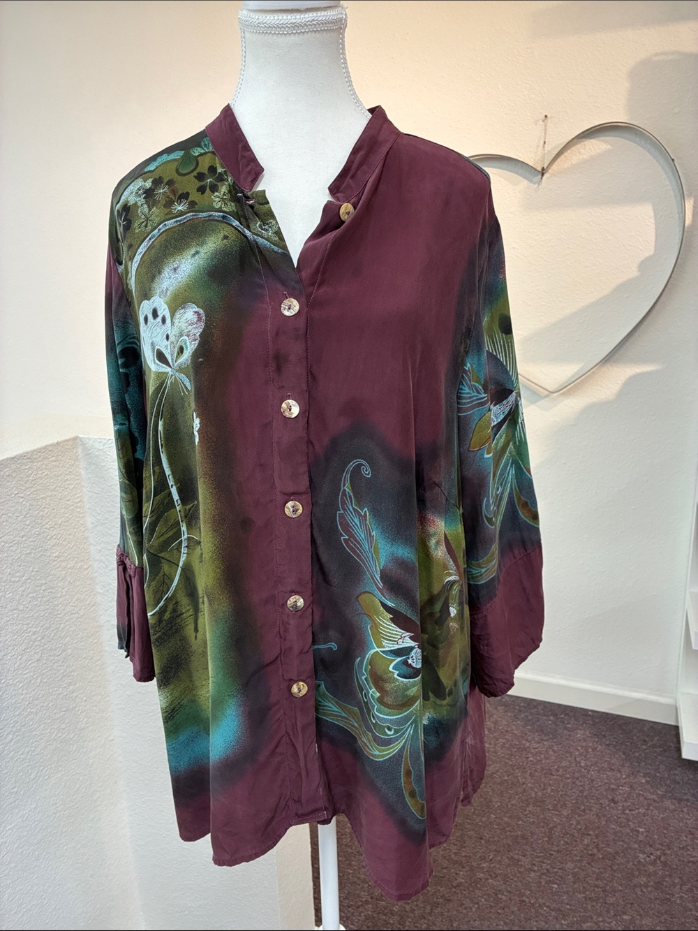 Citron Women’s Silk Floral Watercolor Button-Up Blouse Burgundy Teal Plus 1X